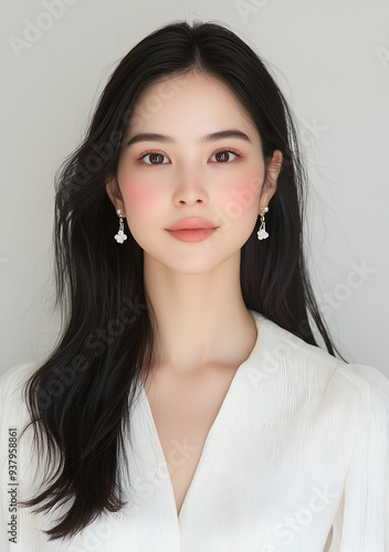 Portrait of a Beautiful Young Woman with Long Dark Hair Wearing Elegant Earrings and a White Dress