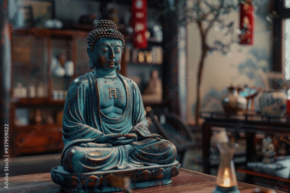 A serene Buddha statue sits atop a rustic wooden table, perfect for home decor or meditation spaces A serene Buddha statue sits atop a rustic wooden table, perfect for home decor or meditation spaces