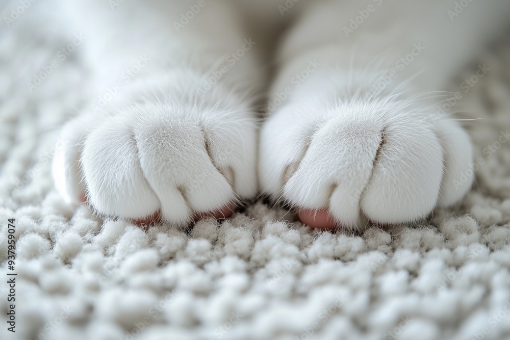 Closeup of white cat paws on the carpet