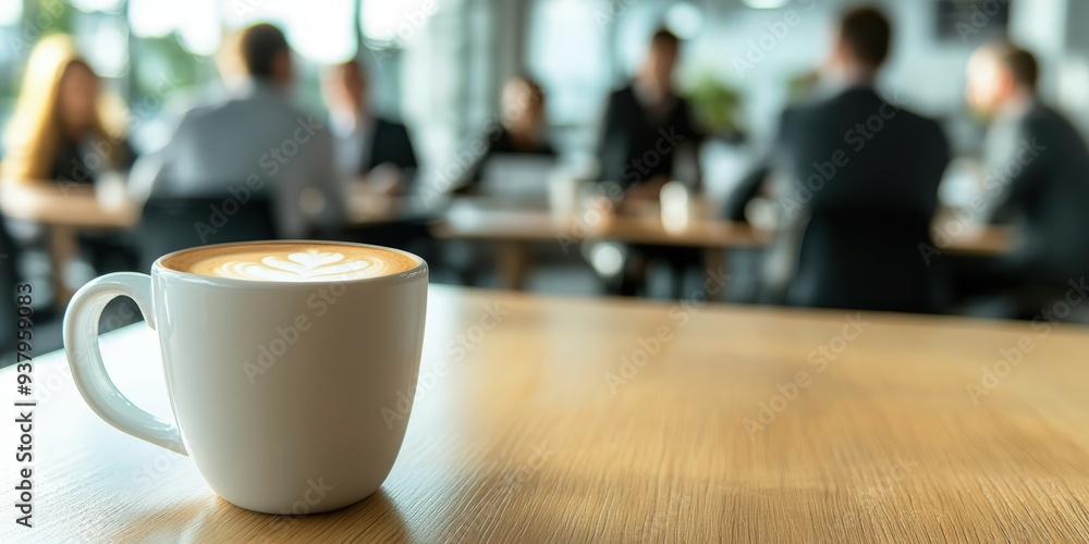 Coffee cup foreground with business meeting occurring indoors in office Coffee cup foreground with business meeting occurring indoors in office