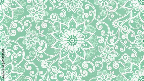 Wallpaper Mural Fresh mint green geometric seamless pattern with intricate swirling shapes and delicate florals, perfect for backgrounds, textures, and design elements in spring and summer themes. Torontodigital.ca