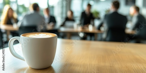 Coffee cup foreground with business meeting occurring indoors in office