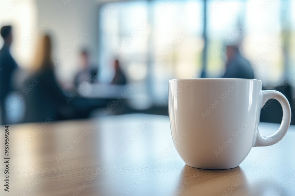 White coffee cup on table with blurred meeting attendees in background White coffee cup on table with blurred meeting attendees in background