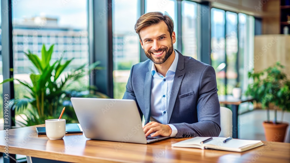 Friendly business professional smiling while responding to customer inquiries, providing exceptional support and service at a modern office desk with laptop and notes. Friendly business professional smiling while responding to customer inquiries, providing exceptional support and service at a modern office desk with laptop and notes.