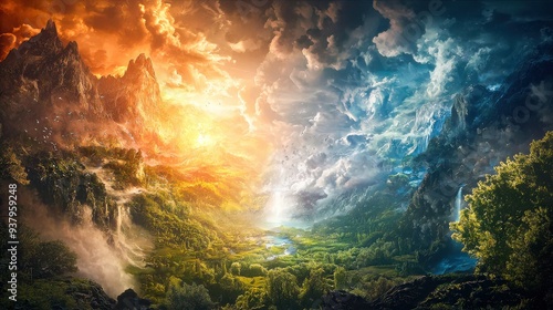 A symbolic depiction of the Biblical Creation story, featuring light from darkness, land and sea separation, and the birth of life. The scene is ethereal, capturing the grandeur of creation. photo