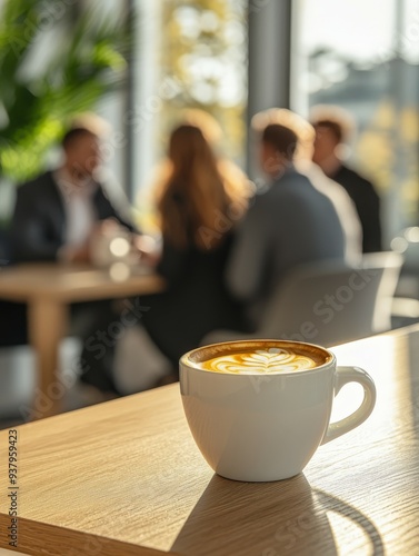 A cup of coffee in focus with a business meeting in the background