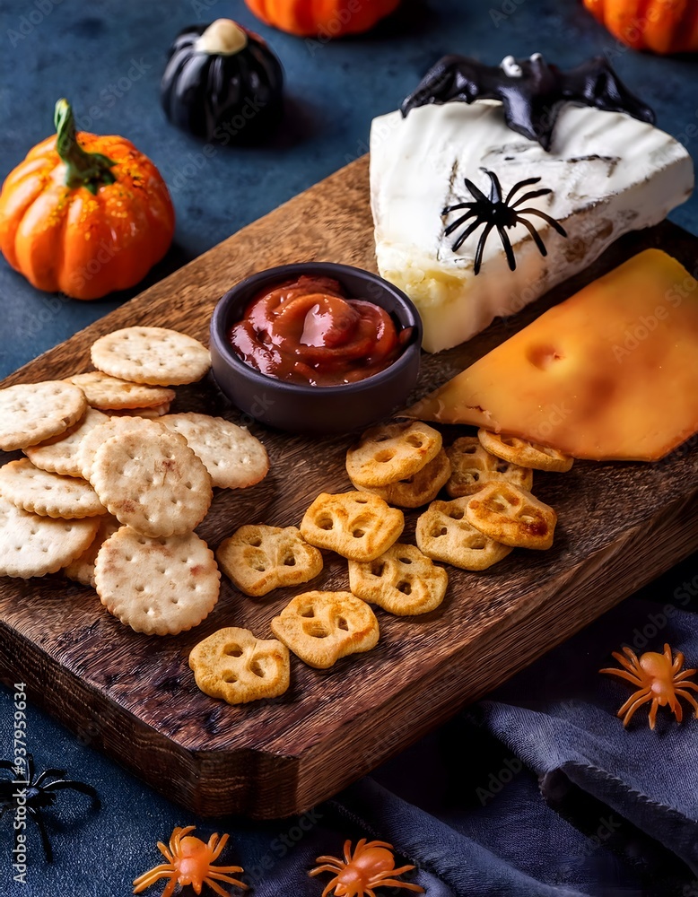 Fototapeta premium Halloween cheeseboard with creepy crackers and spooky party prop decor.
