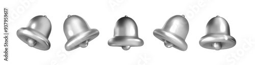 Silver bells collection PNG. Different ringing bells isolated on white background. Christmas symbol, alarm clock, attention, alert, signal, new