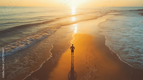 Sunset over the ocean with waves gently lapping the sandy beach and a colorful sky at dusk