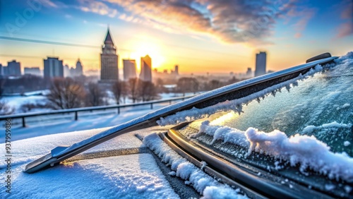 Frozen windshield wiper blade scraping away thick layer of ice and frost on a cold winter morning, revealing a blurred cityscape in the background.