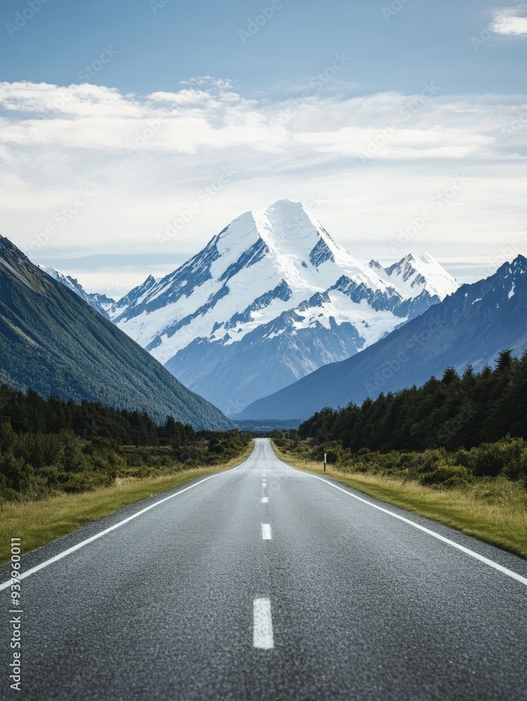 Scenic highway leading to snow-capped mountains in New Zealand Scenic highway leading to snow-capped mountains in New Zealand