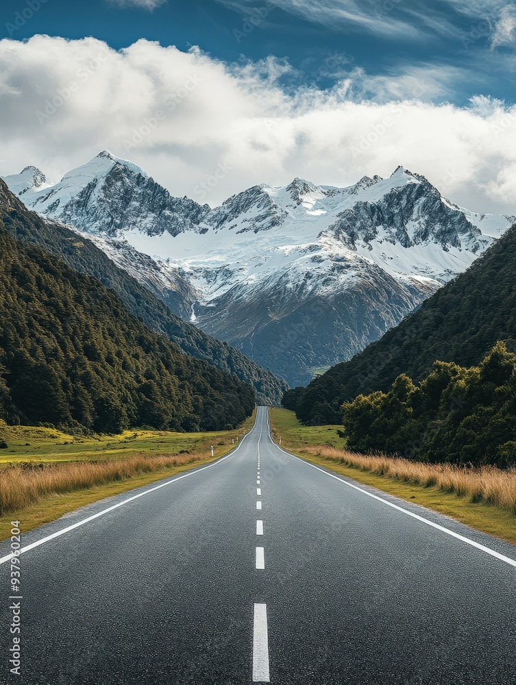 A scenic road leading through mountains in New Zealand on a clear day A scenic road leading through mountains in New Zealand on a clear day