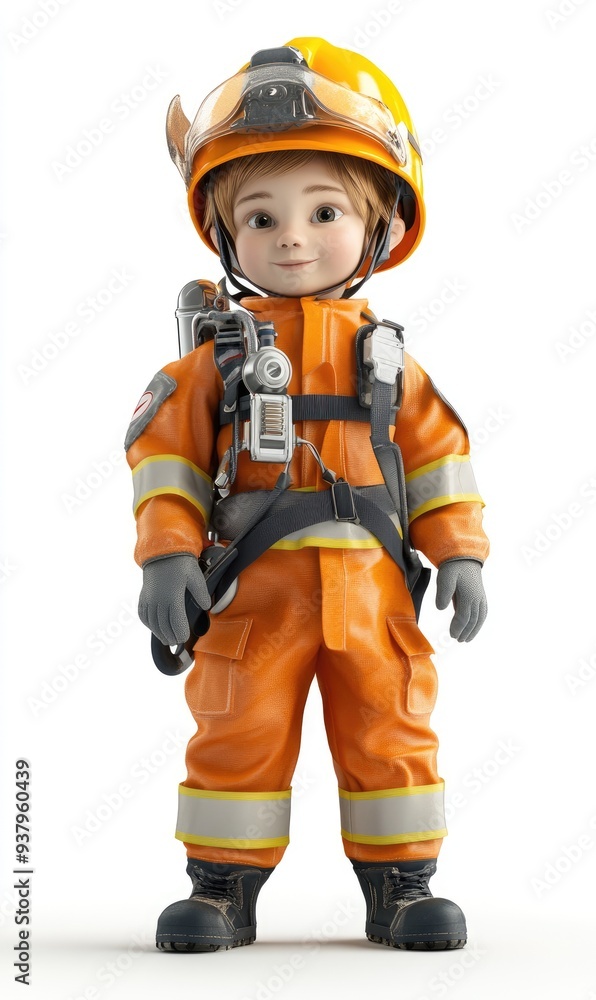 A child wearing a safety suit, 3D illustration, isolated on white background A child wearing a safety suit, 3D illustration, isolated on white background