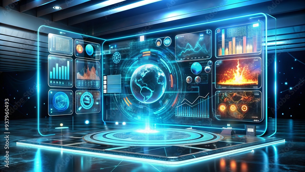 Futuristic Holographic Interface With Customizable Widgets, Icons, And Graphics Displayed In A Virtual Environment Futuristic Holographic Interface With Customizable Widgets, Icons, And Graphics Displayed In A Virtual Environment