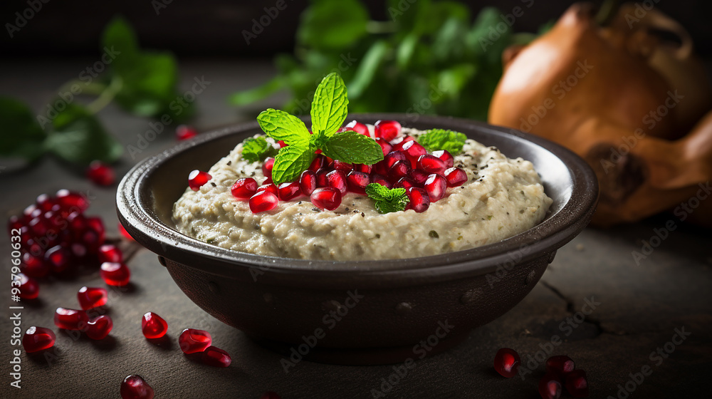 Traditional Arabian Baba Ghanouj with Mint Leaves Traditional Arabian Baba Ghanouj with Mint Leaves