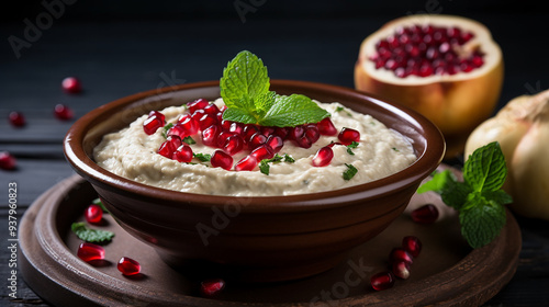 Traditional Arabian Baba Ghanouj with Mint Leaves photo