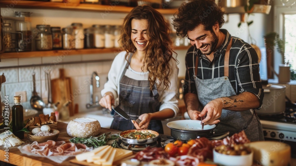 A couple is happily having breakfast in a warm kitchen with cheeses, vegetables, and a delightful atmosphere A couple is happily having breakfast in a warm kitchen with cheeses, vegetables, and a delightful atmosphere