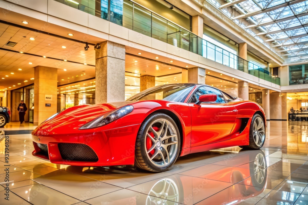 Glossy red high-performance sports car on display at a modern shopping mall, showcasing its sleek design and luxurious features in a vibrant urban setting. Glossy red high-performance sports car on display at a modern shopping mall, showcasing its sleek design and luxurious features in a vibrant urban setting.