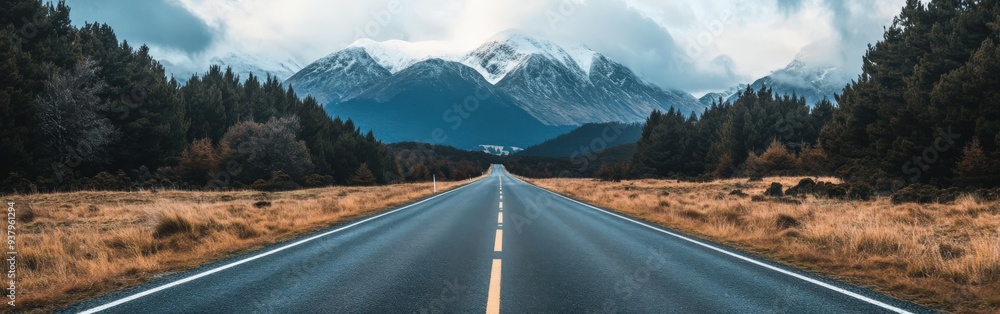 Naklejka premium A long, empty road stretches towards majestic mountains under cloudy skies