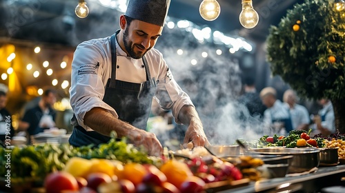 A chef demonstrating how to prepare vegetarian dishes on stage during a festival cooking show