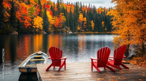 Fototapeta Naklejka Na Ścianę i Meble -  Two red chairs on wooden dock in autumn forest, lake view, Canadian landscape, beautiful scenery.