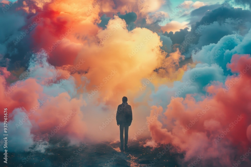 A person wanders through vibrant, surreal clouds during a dramatic sunset, evoking a dreamlike, fantasy atmosphere. A person wanders through vibrant, surreal clouds during a dramatic sunset, evoking a dreamlike, fantasy atmosphere.