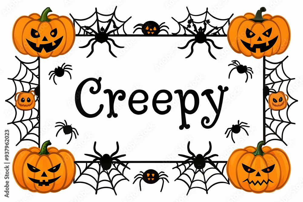 Flat Pumpkin and Spider Border with Creepy Text concept as A creepy border frame featuring pumpkins and spiders at the corners with the word Creepy in a jagged spooky font. The design includes ample c Flat Pumpkin and Spider Border with Creepy Text concept as A creepy border frame featuring pumpkins and spiders at the corners with the word Creepy in a jagged spooky font. The design includes ample c