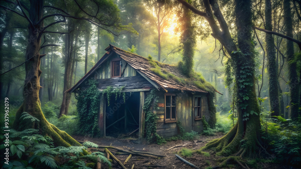 The dilapidated cabin is hidden in a dense forest, surrounded by an abandoned atmosphere and wild nature. The dilapidated cabin is hidden in a dense forest, surrounded by an abandoned atmosphere and wild nature.