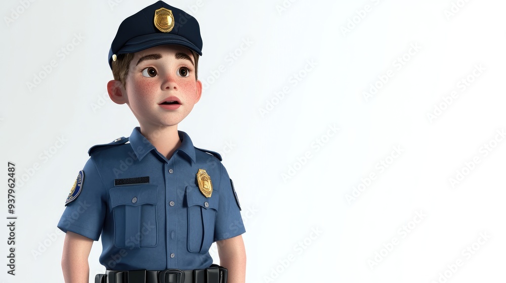 A child wearing a security guard uniform, 3D illustration, isolated on white background A child wearing a security guard uniform, 3D illustration, isolated on white background
