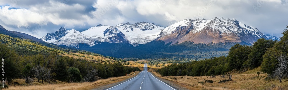 Naklejka premium Snow-capped mountains rise above a winding road in Patagonia, Chile