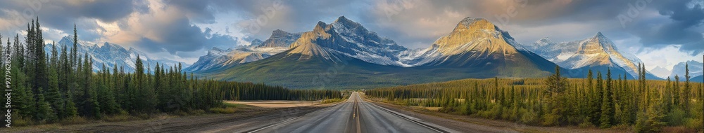 Fototapeta premium Majestic mountain landscape with highway under a dramatic sky at sunset