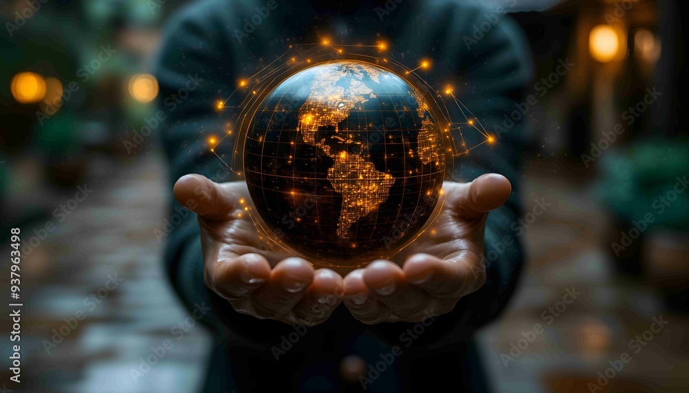 Fototapeta premium innovative technologies in the field of science and communication, Hand holding flying earth network global connection concept, Abstract palm hands with global network connections, Global, Network, 