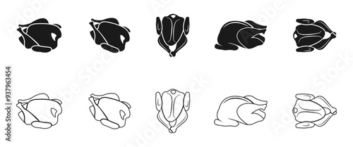 Whole roasted chicken or turkey icon set vector illustration isolated on white background.