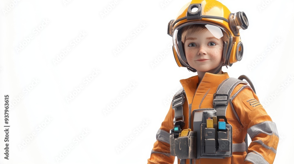 A child wearing an engineering suit, 3D illustration, isolated on white background A child wearing an engineering suit, 3D illustration, isolated on white background