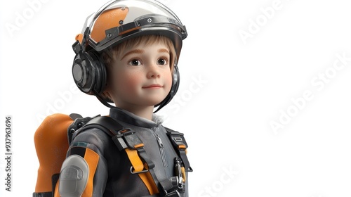 A child wearing an engineering suit, 3D illustration, isolated on white background 