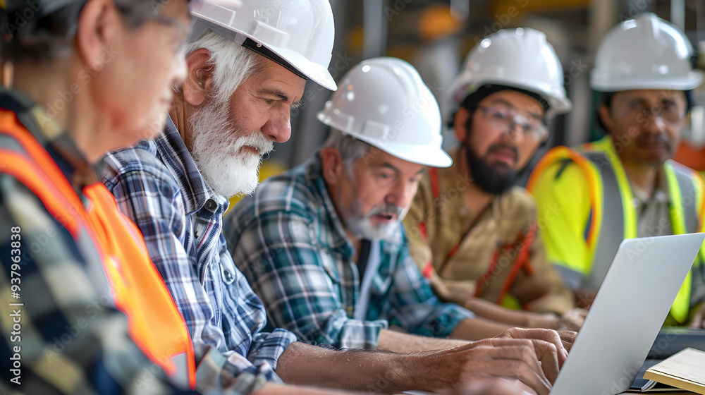 Construction team collaborating on a project using a laptop and wearing safety vests Construction team collaborating on a project using a laptop and wearing safety vests