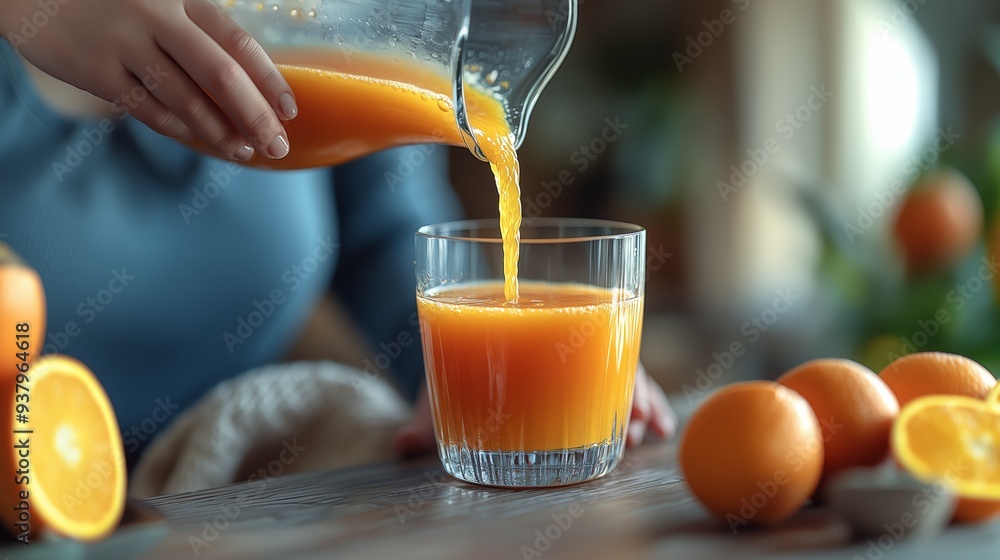 Woman pouring fresh orange juice into glass at breakfast table Woman pouring fresh orange juice into glass at breakfast table