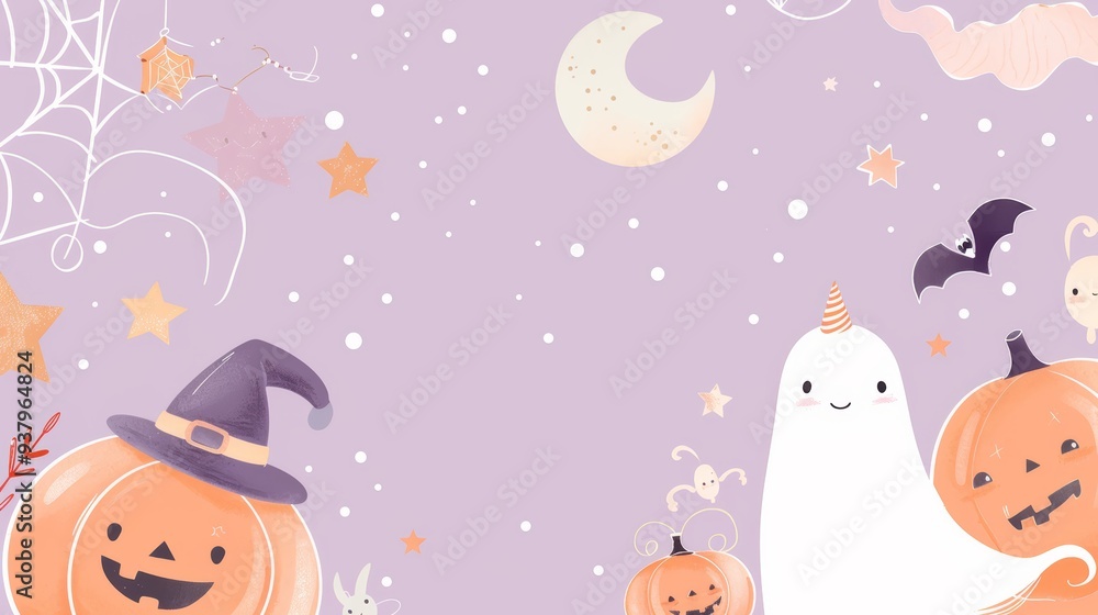 Cute Halloween wallpaper pattern with a ghost, a pumpkin and a moon in cartoon style. Abstract Halloween background with empty space for text. Party invitation template design. Cute Halloween wallpaper pattern with a ghost, a pumpkin and a moon in cartoon style. Abstract Halloween background with empty space for text. Party invitation template design.