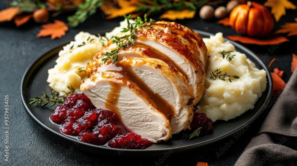Delicious roasted turkey breast with creamy mashed potatoes and tangy cranberry sauce, perfect for holiday feasts.