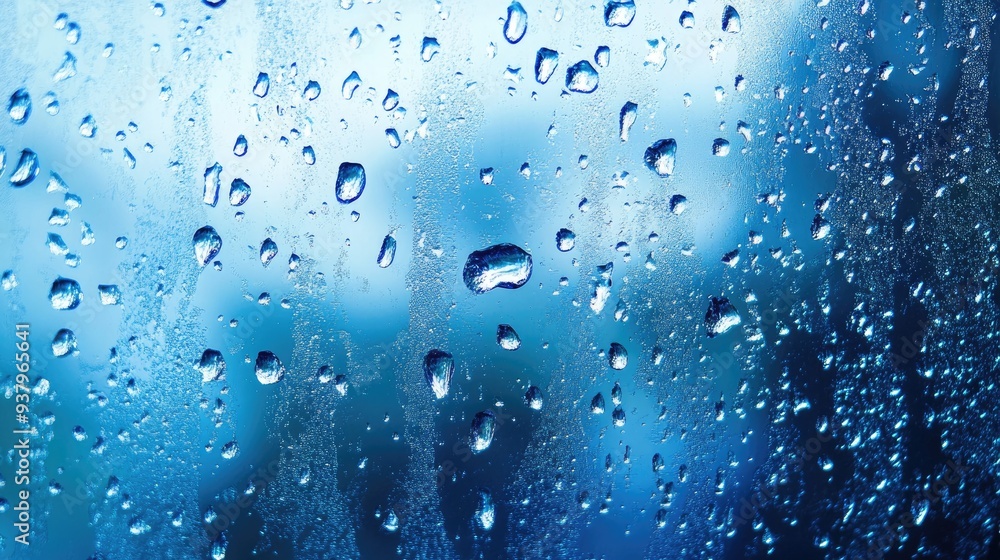 A close-up of rain on a blue abstract background, with droplets forming patterns and textures that evoke a peaceful mood. The image blends nature with abstract art. A close-up of rain on a blue abstract background, with droplets forming patterns and textures that evoke a peaceful mood. The image blends nature with abstract art.