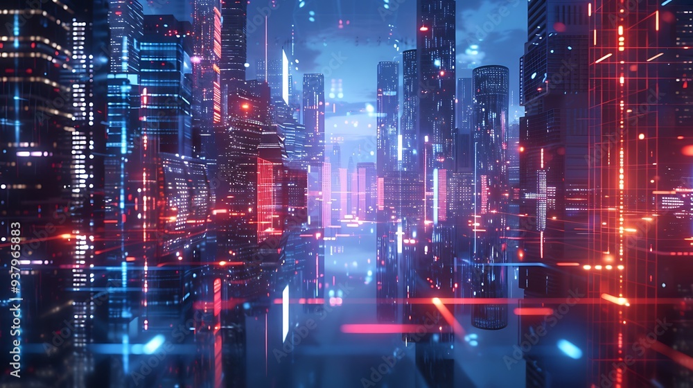 Cyberpunk Cityscape with Red and Blue Neon Lights Cyberpunk Cityscape with Red and Blue Neon Lights