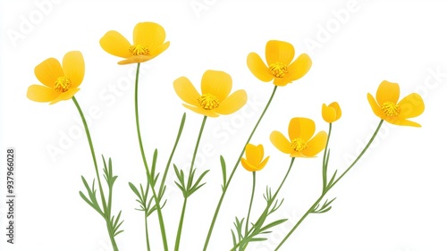 Buttercups in bloom, isolated on white background, flat design illustration