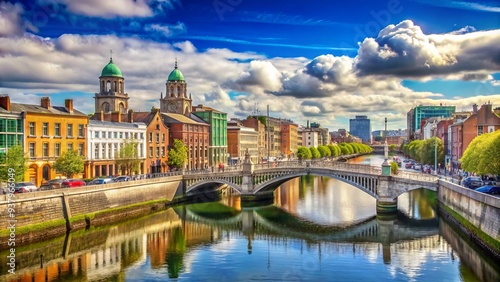 Historic City Skyline Overlooking The River Liffey Flanked By Iconic Bridges And Traditional Buildings On A Vibrant Day.