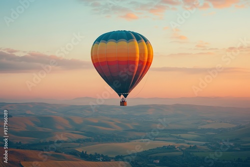 Colorful hot air balloon flying over rolling hills at sunset