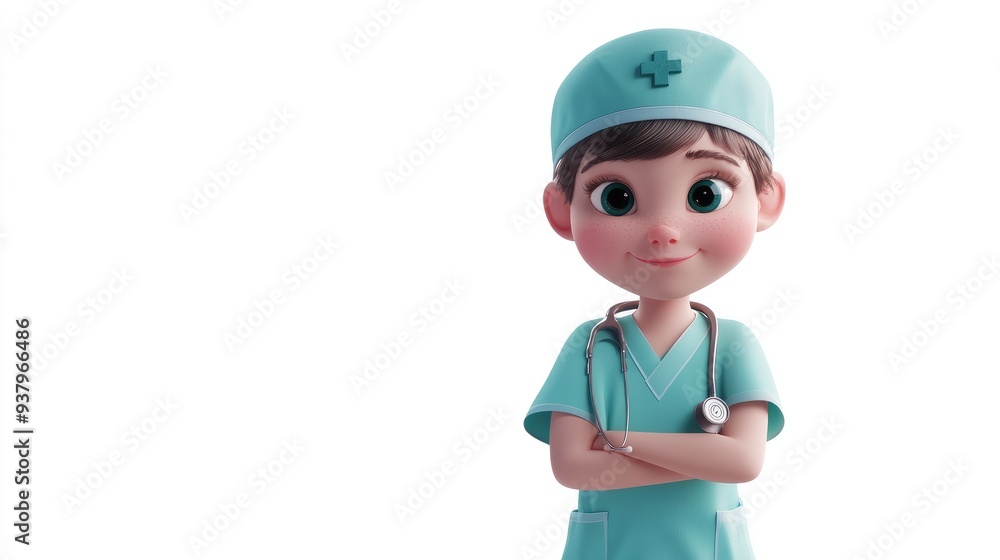 The child wears a nursing, doctor uniform, 3D illustration, isolated on white background The child wears a nursing, doctor uniform, 3D illustration, isolated on white background