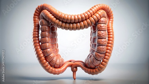 Illuminated 3D anatomical model of human large intestine or colon showcasing its lengthy twisted structure with darker shaded folds and ridges against a white background. photo