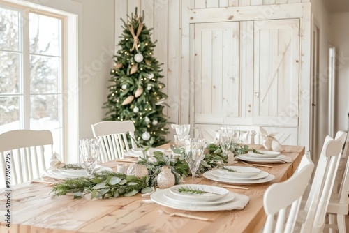 A beautifully set dining table with white plates, crystal glasses, and natural decorations, adjacent to a decorated Christmas tree in a sunlit space.