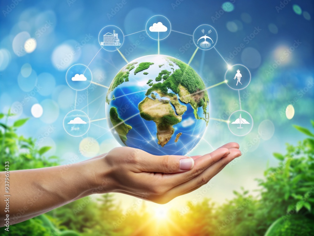 Illustration of a hand holding a globe surrounded by renewable energy sources, EV cars, and recycling symbols, promoting net zero carbon emissions and a sustainable future. Illustration of a hand holding a globe surrounded by renewable energy sources, EV cars, and recycling symbols, promoting net zero carbon emissions and a sustainable future.