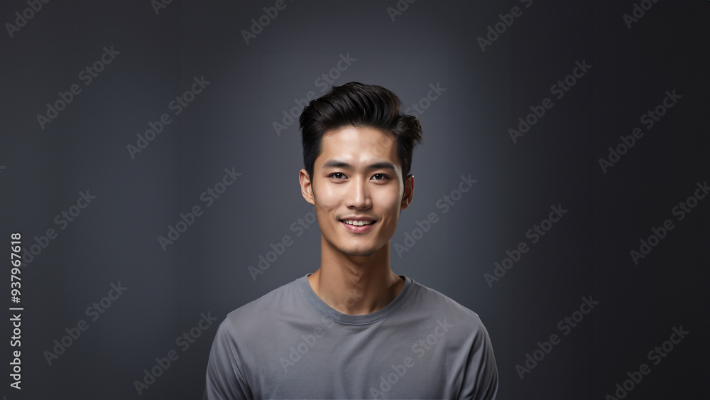 Naklejka premium Radiant young Korean man with flawless skin and natural beauty. Brunette with neat hair and a warm smile, gazing confidently at camera. Studio shot, perfect for beauty and cosmetic campaigns
