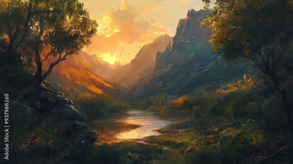 Serene Sunset Over a Mountain Valley Serene Sunset Over a Mountain Valley